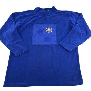 SK Sport Vintage Pullover Women's Blouse Size Medium Blue Snowflakes Terry cloth